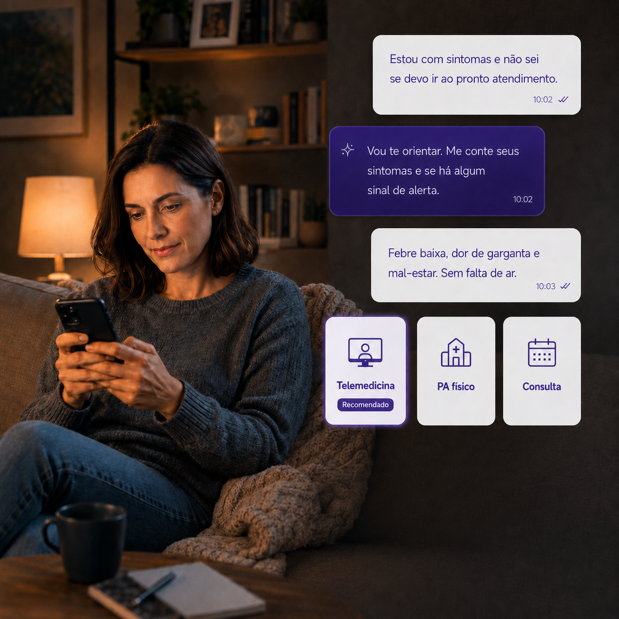 Beneficiária consultando o agente Cogfy sobre sintomas