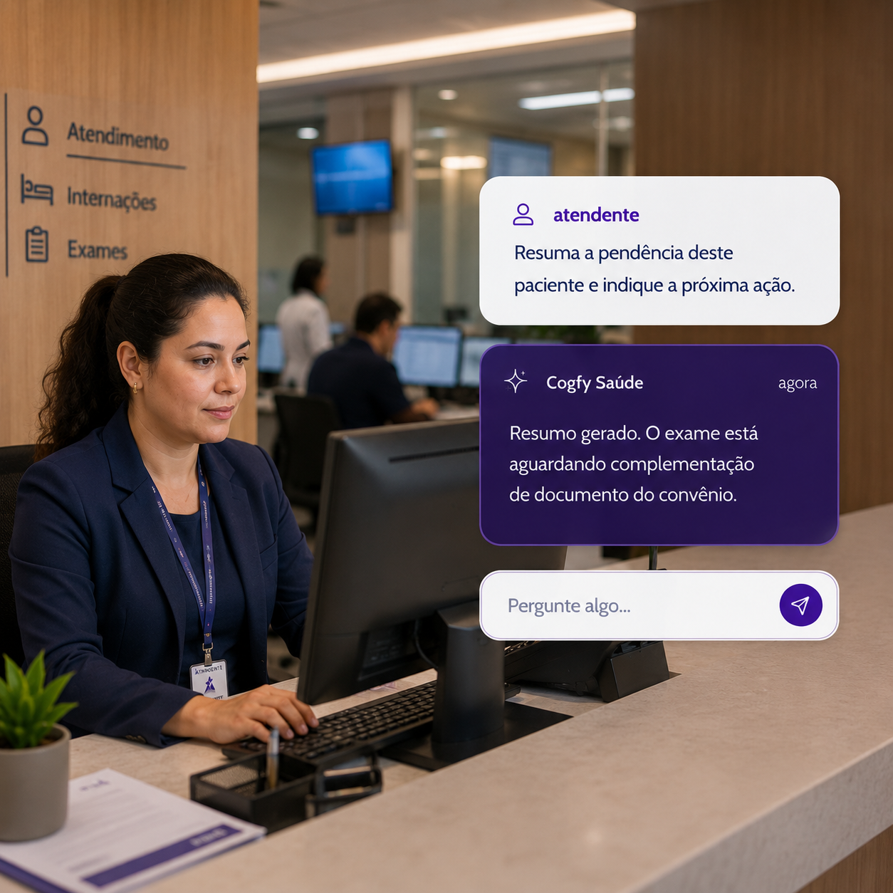 Atendente em recepção laboratorial usando agente Cogfy para resumir pendências