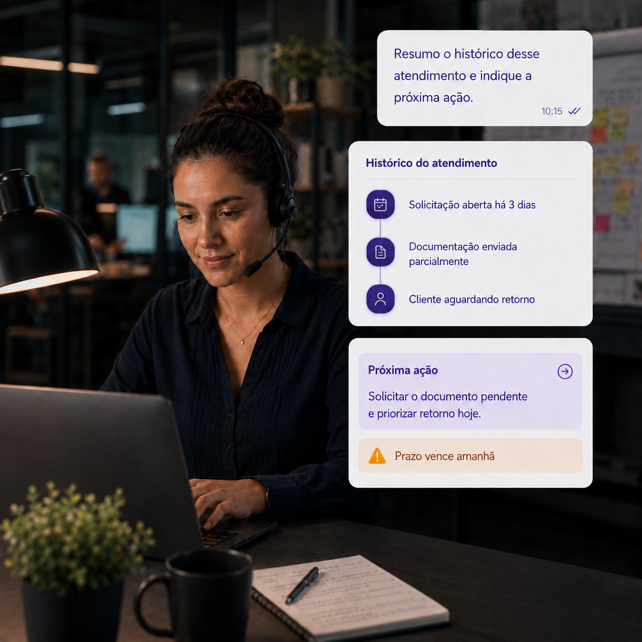 Atendente interna usando o agente Cogfy para resumir atendimento