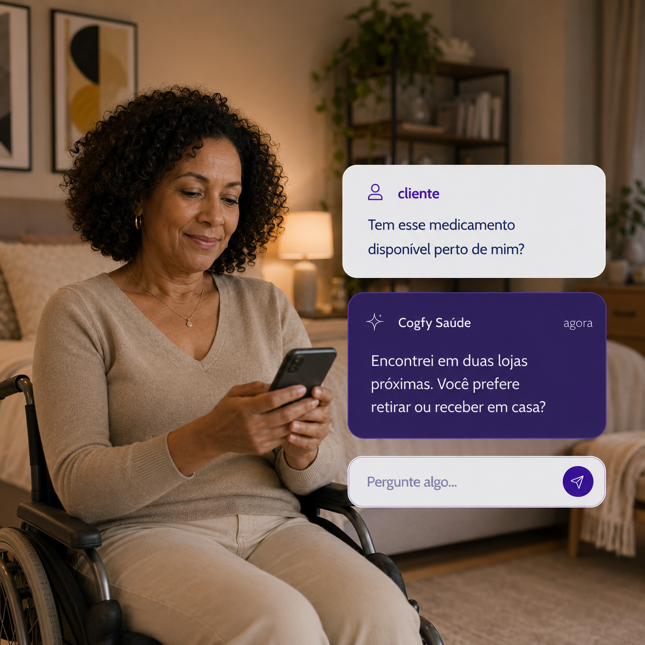 Cliente consultando disponibilidade de medicamento com o agente Cogfy Saúde