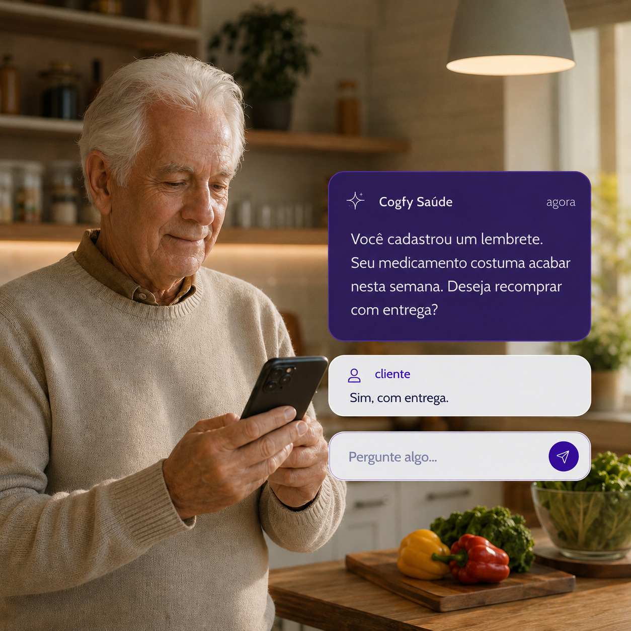 Cliente recebendo lembrete de recompra do agente Cogfy Saúde