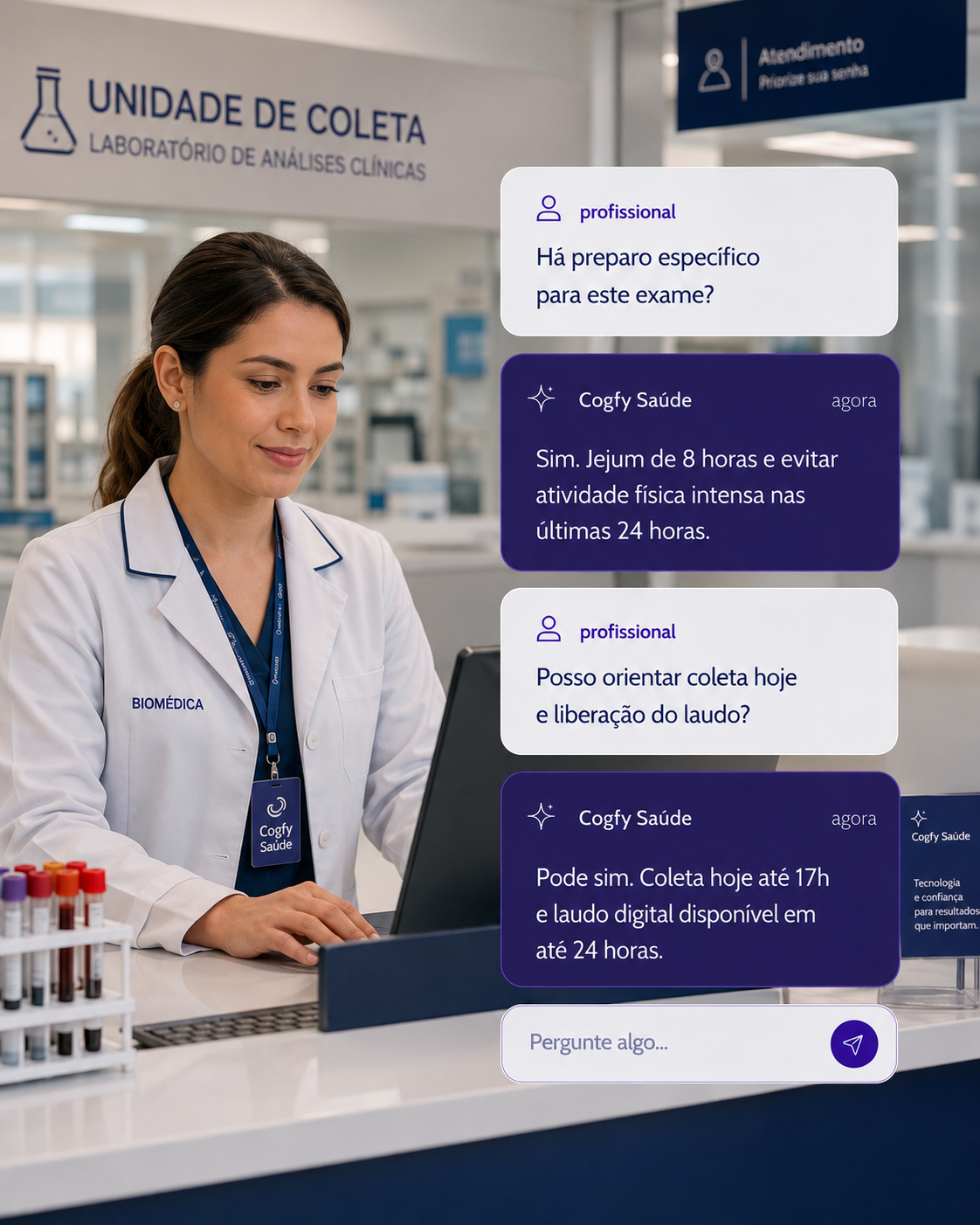 Paciente em recepção de laboratório consultando o agente Cogfy Saúde