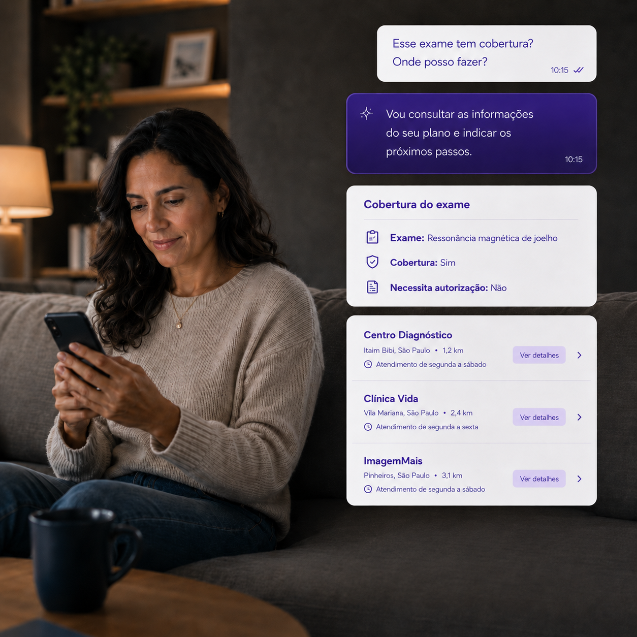 Beneficiária consultando cobertura de exame com o agente Cogfy