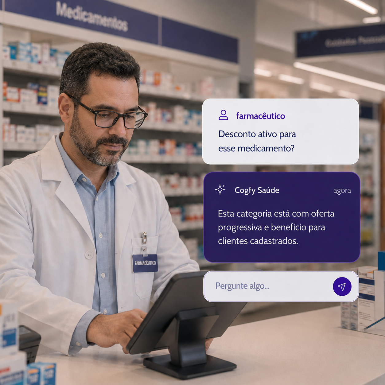 Farmacêutico consultando informações de campanha com o agente Cogfy Saúde