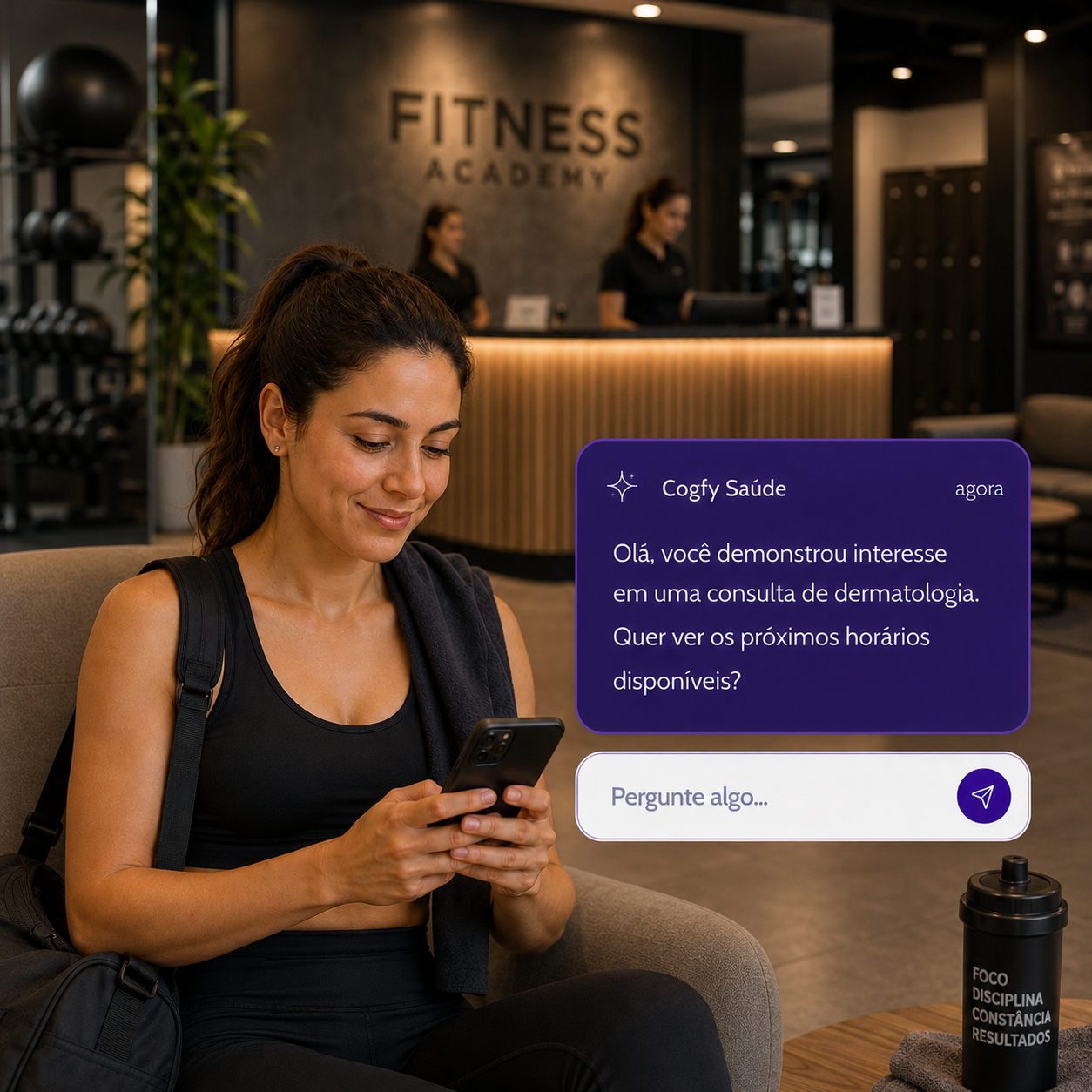 Cliente recebendo mensagem do agente Cogfy Saúde sobre horários disponíveis