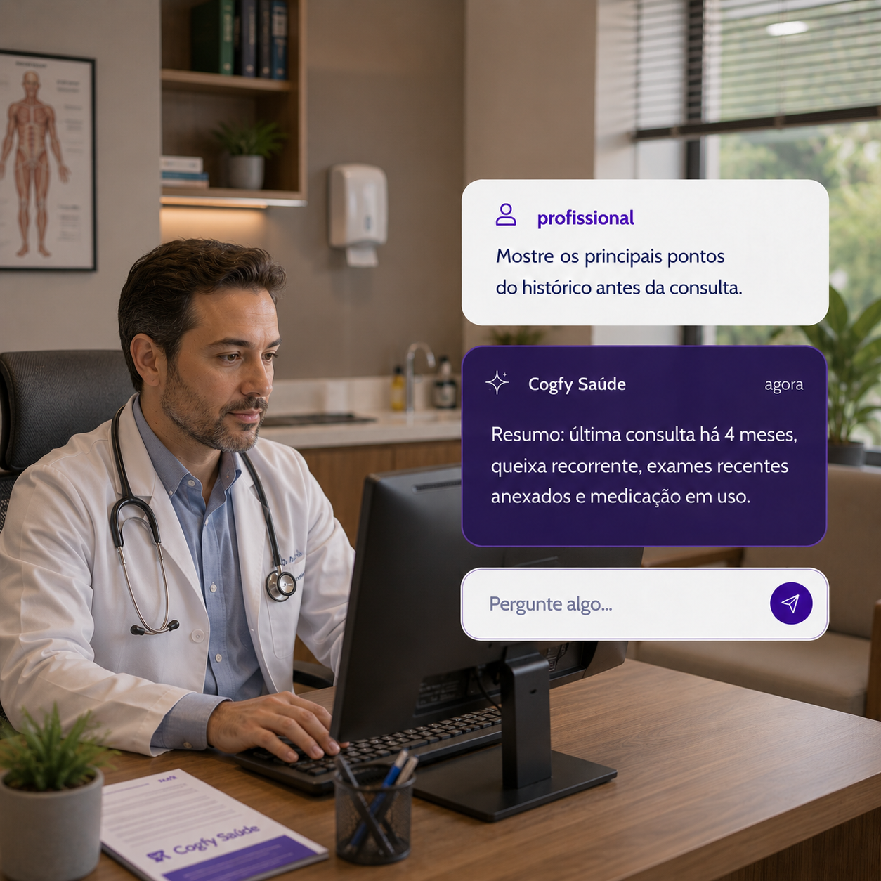 Médico consultando resumo do histórico do paciente com agente Cogfy Saúde