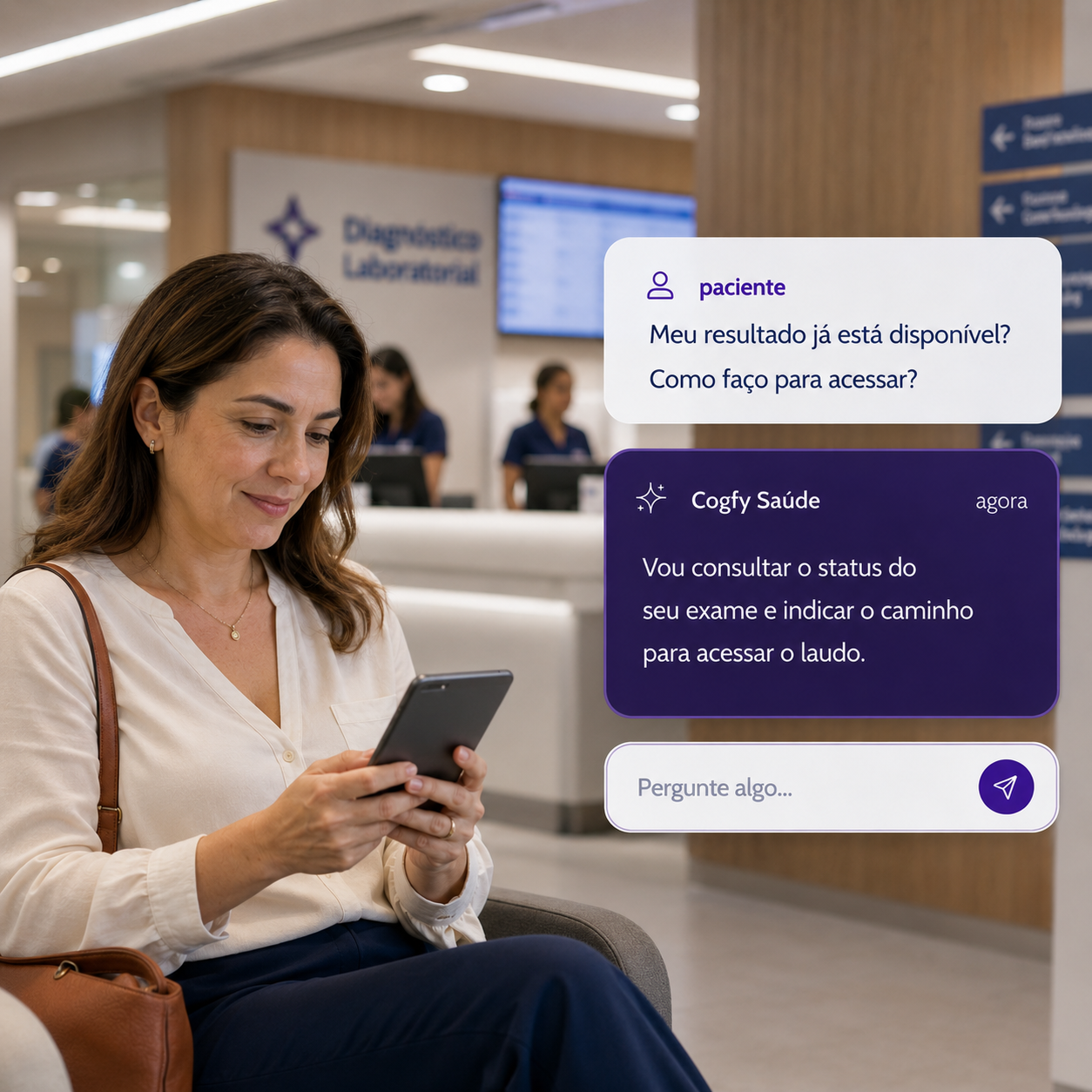 Paciente consultando resultado de exame com agente Cogfy