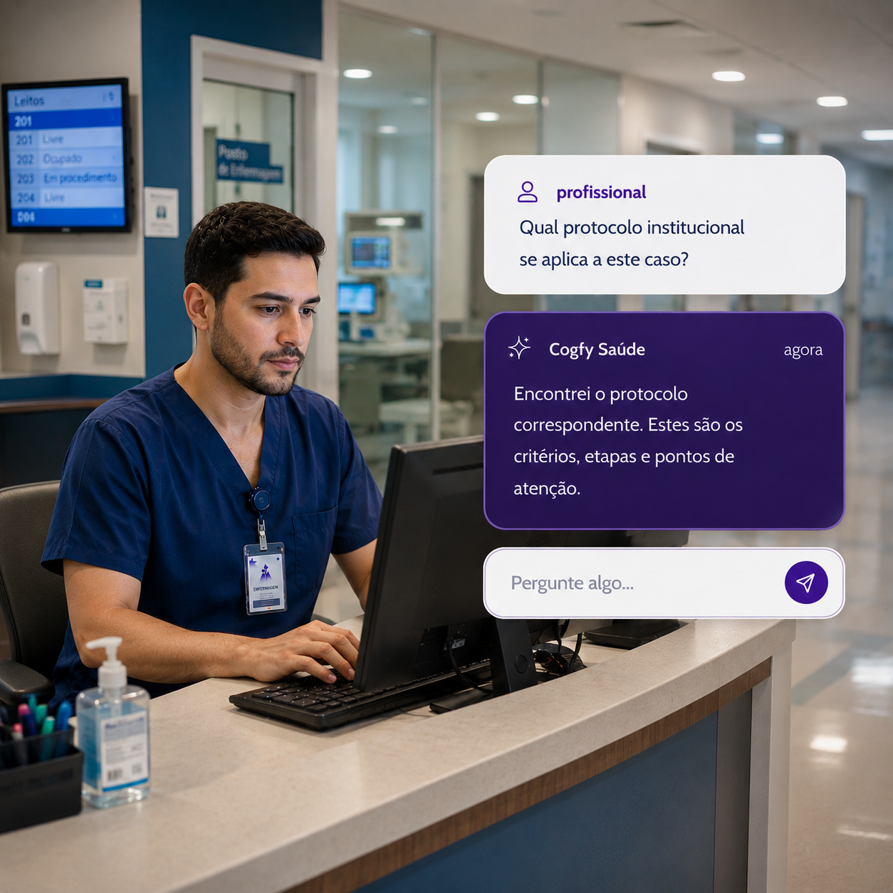 Equipe médica hospitalar consultando protocolo clínico com agente Cogfy