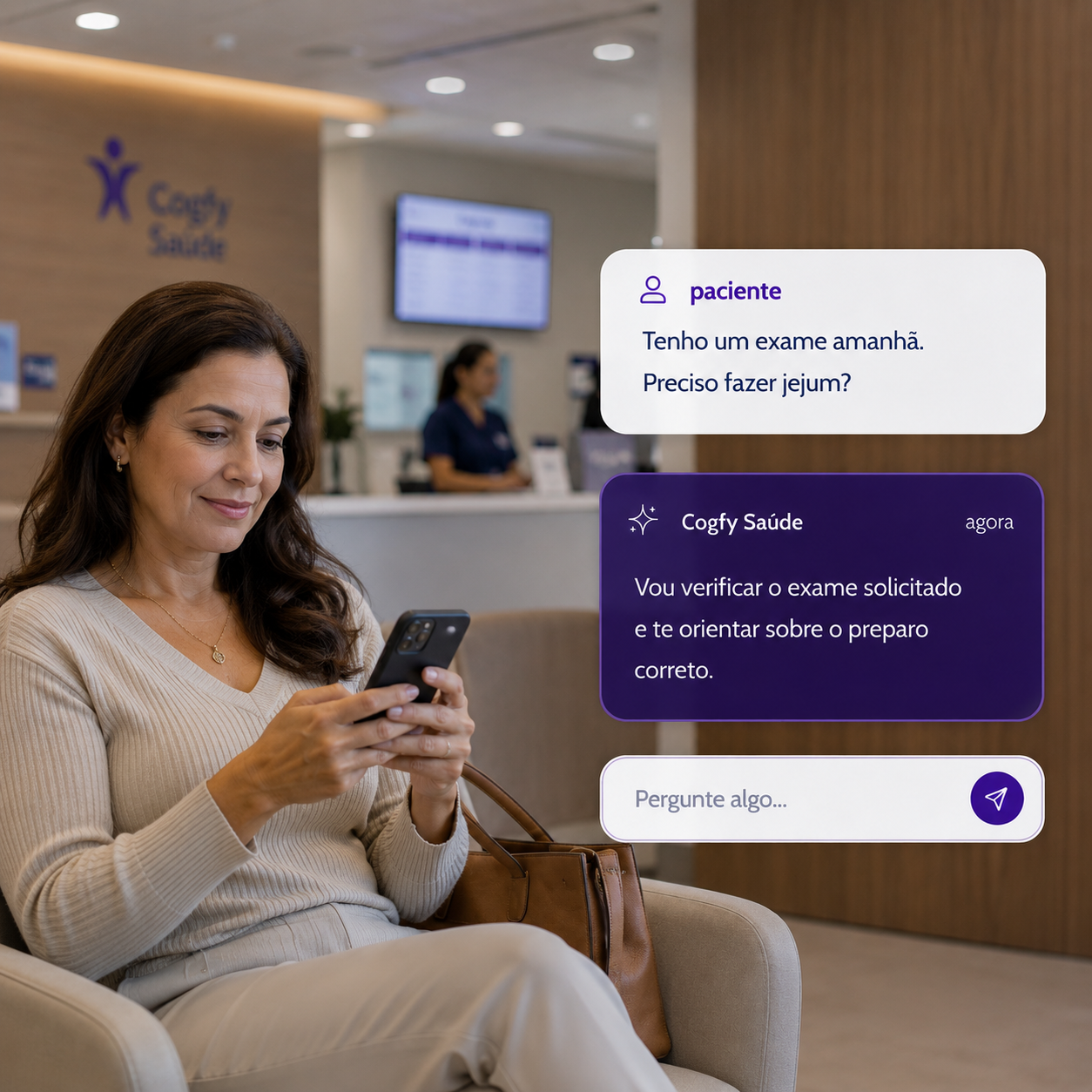 Biomédica em unidade de coleta consultando agente Cogfy sobre preparo de exame
