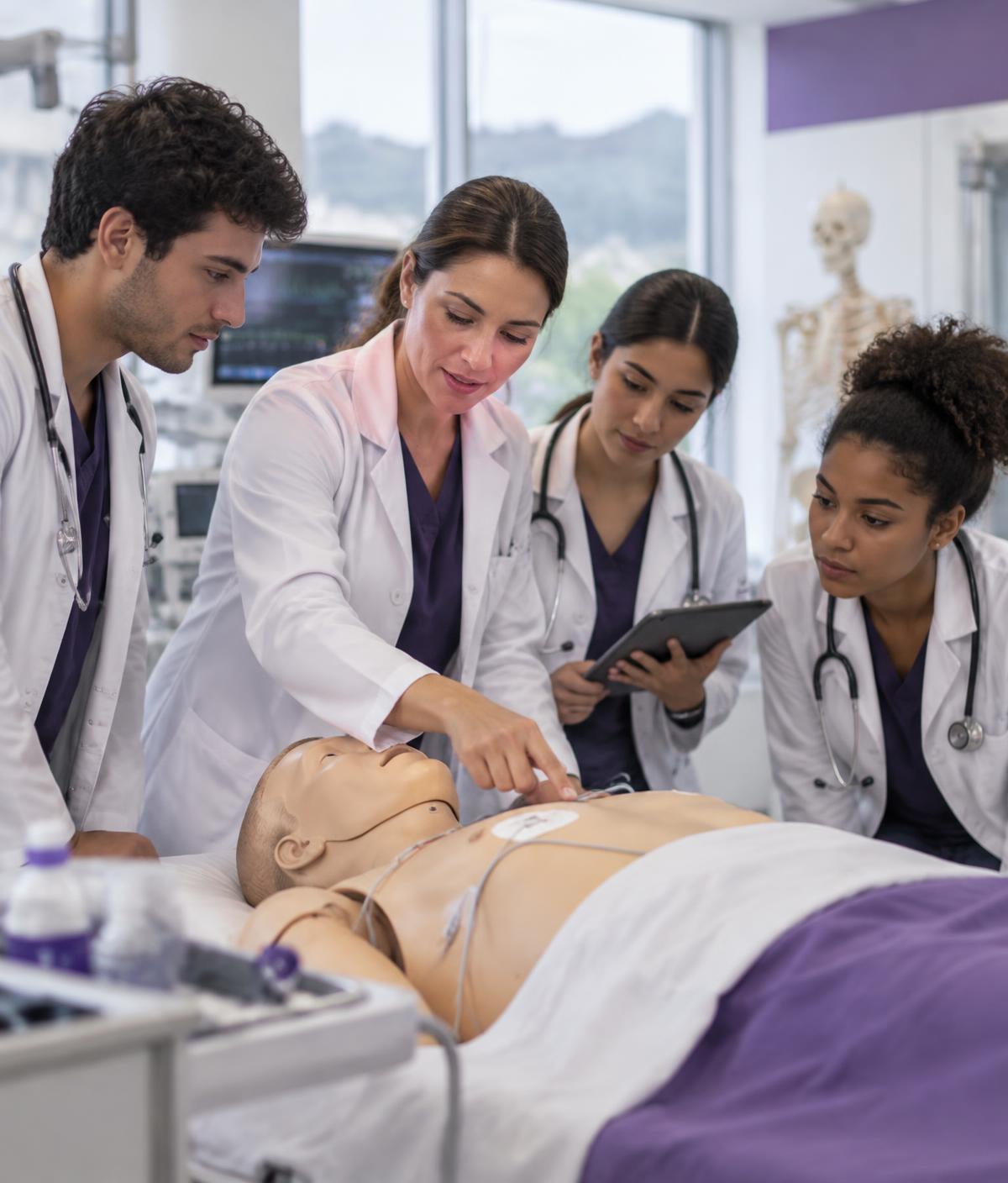 Professora orienta estudantes de Medicina em um laboratório de habilidades com manequim de simulação